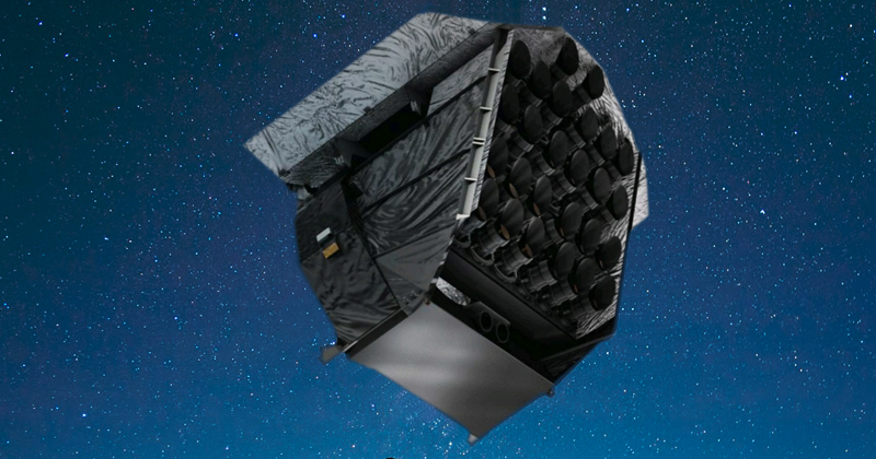 Modelo do satélite PLATO, equipado com um conjunto de 26 telescópios, que será colocado em órbita acima da atmosfera – Foto: Divulgação / ESA