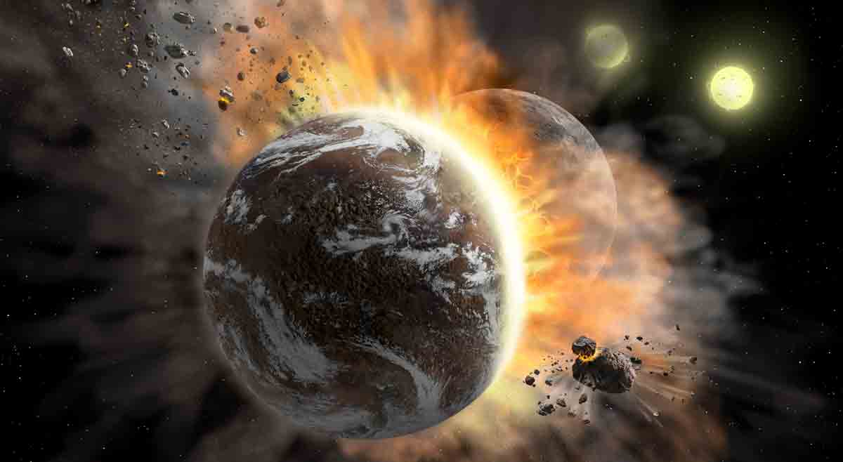 Concepção artística do choque dos exoplanetas: a poeira aquecida num sistema estelar já maduro foi a principal evidência da colisão. Crédito: Nasa/SOFIA/Lynette Cook