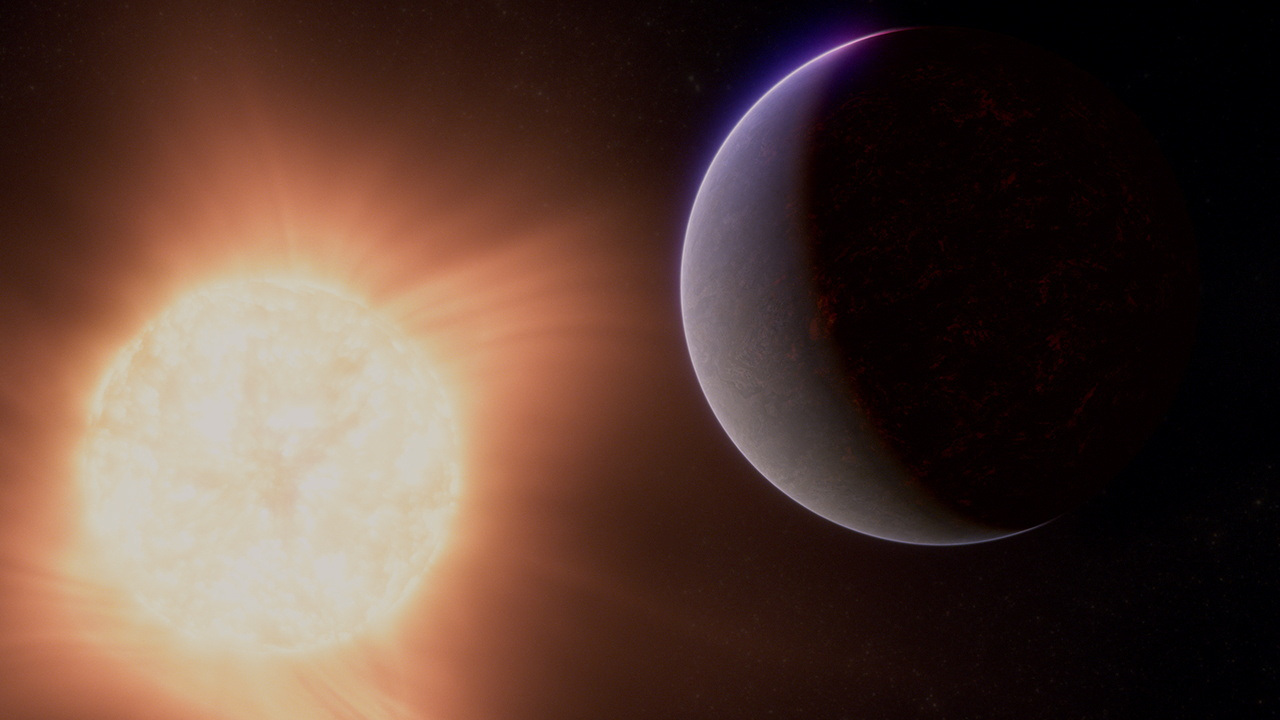 Conceito de um artista mostra o exoplaneta 55 Cancri e, também chamado de Janssen, a chamada super-Terra, junto com a estrela que orbita