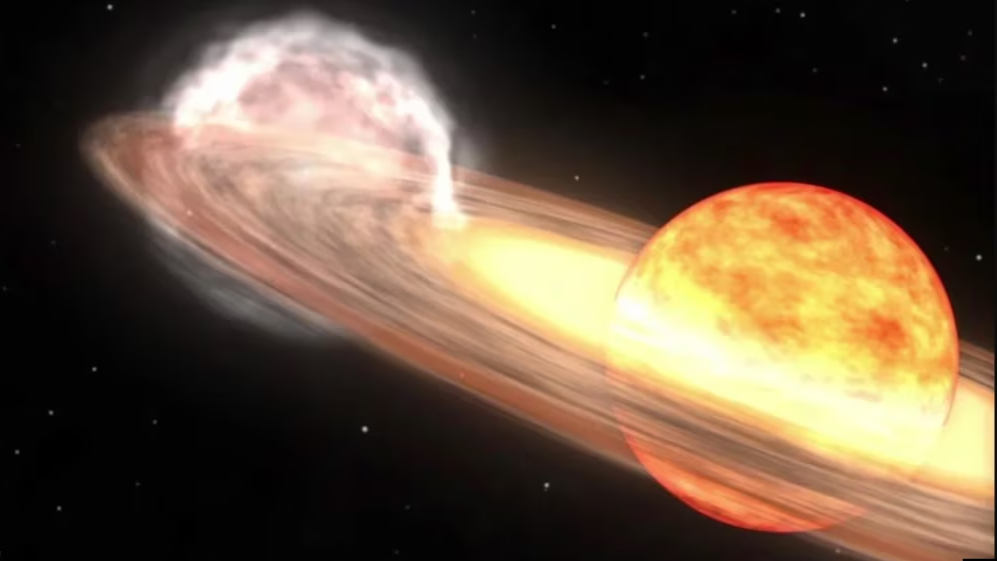Uma estrela gigante vermelha e uma anã branca orbitam uma à outra nesta animação de uma nova semelhante a T Coronae Borealis