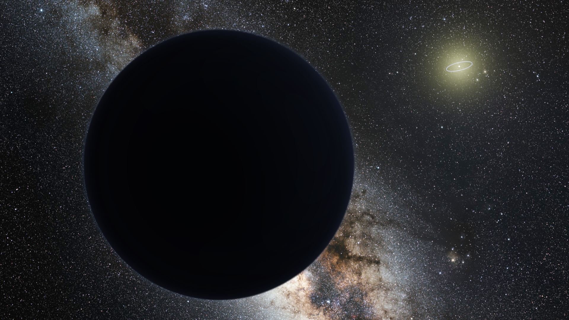 Concepção artística do Planeta Nove, um gigante de gelo que eclipsa a Via Láctea, com o Sol ao fundo parecendo uma estrela distante. A órbita de Netuno é exibida como uma pequena elipse ao seu redor