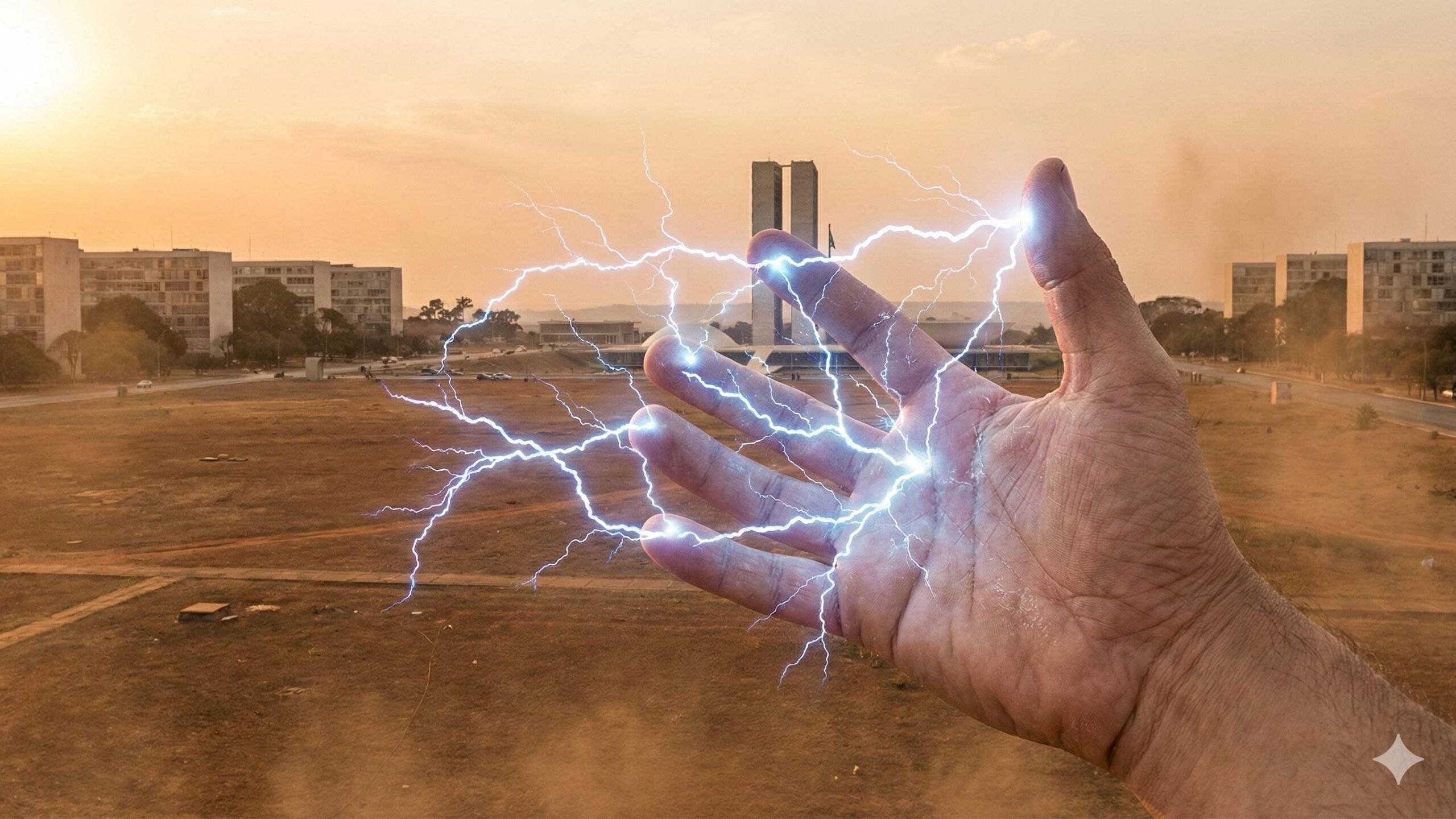 Imagem gerada por IA ilustra a eletricidade estática que faz pessoas darem choque no tempo seco de Brasília
