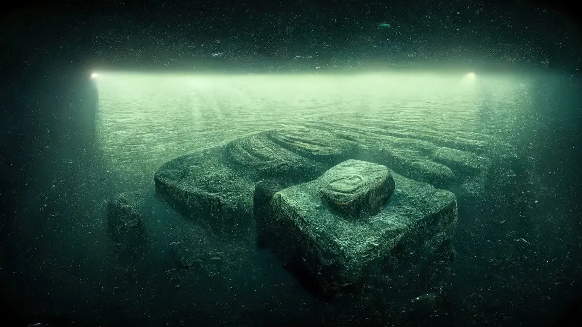 Varredura de sonar de varredura lateral em tom amarelado e preto, mostrando uma estrutura circular com contornos geométricos no fundo do oceano. Anomalia. Mar Baltico. Alienigena. artefato. OVNI.