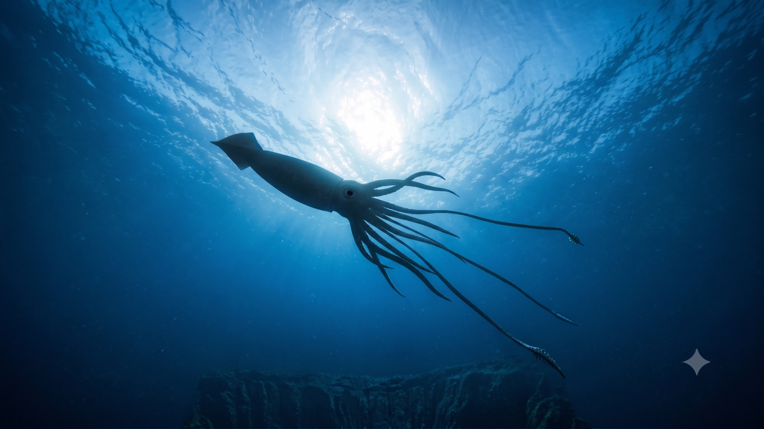 Silhueta de uma lula-gigante nadando nas profundezas do oceano em contraste com a luz do sol vinda da superfície.
