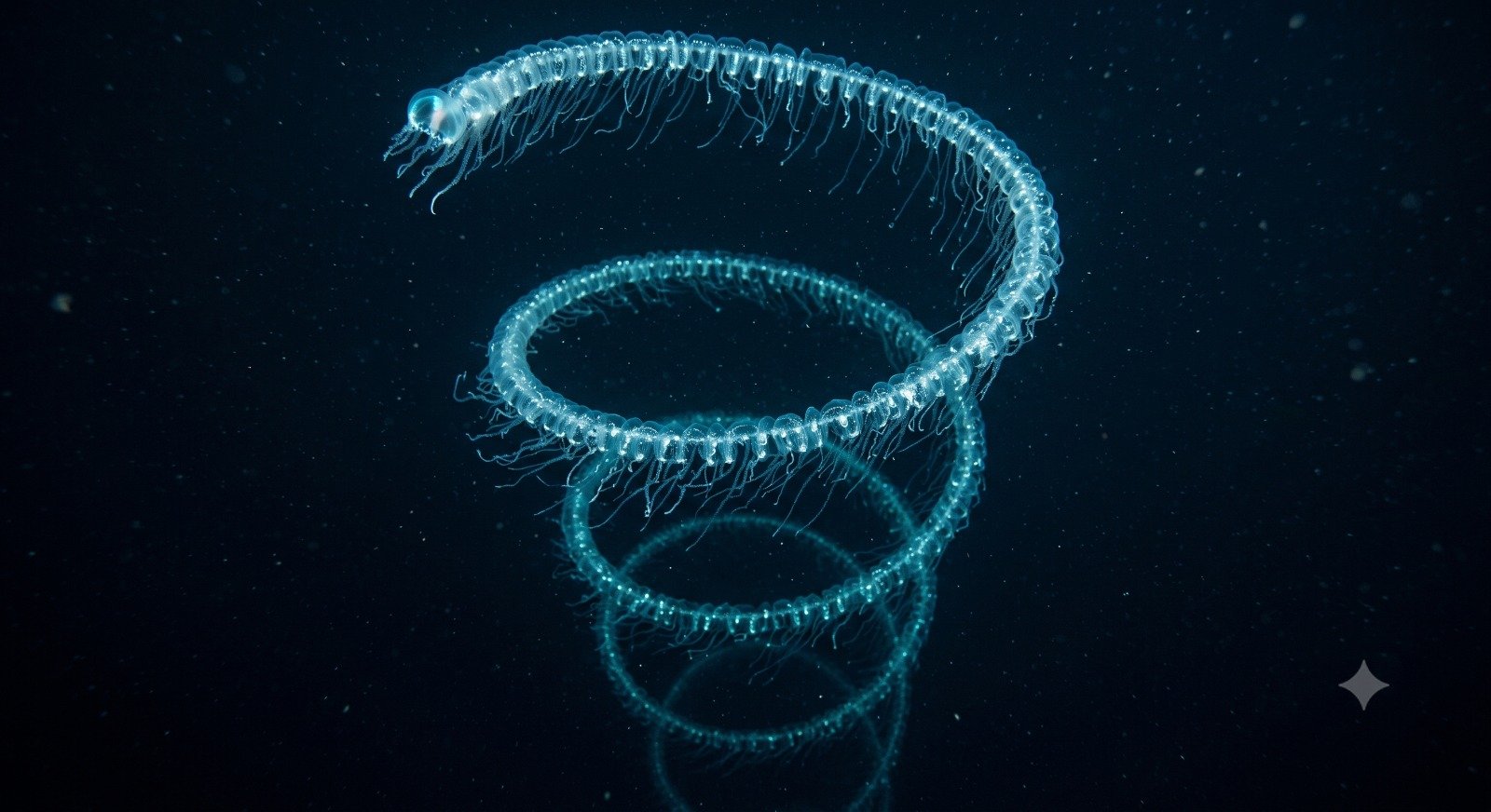 Sifonóforo gigante bioluminescente em formato de espiral flutuando na escuridão do oceano profundo