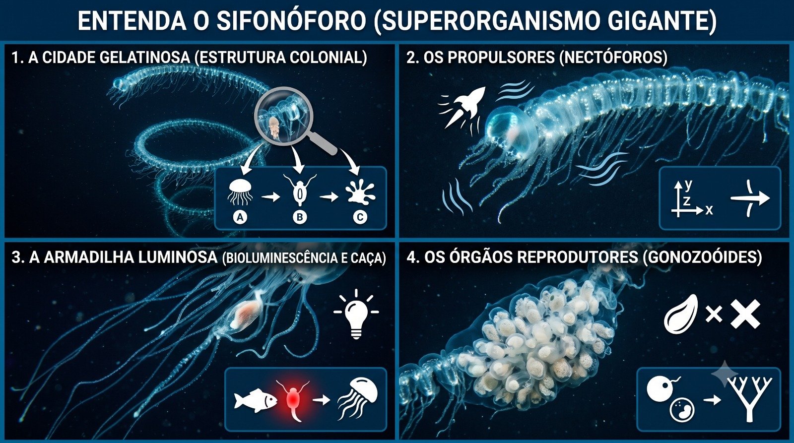 Infográfico explicativo sobre a anatomia do sifonóforo mostrando a divisão de trabalho entre os zoóides: nectóforos, gastrozoóides, dactilozoóides e gonozoóides