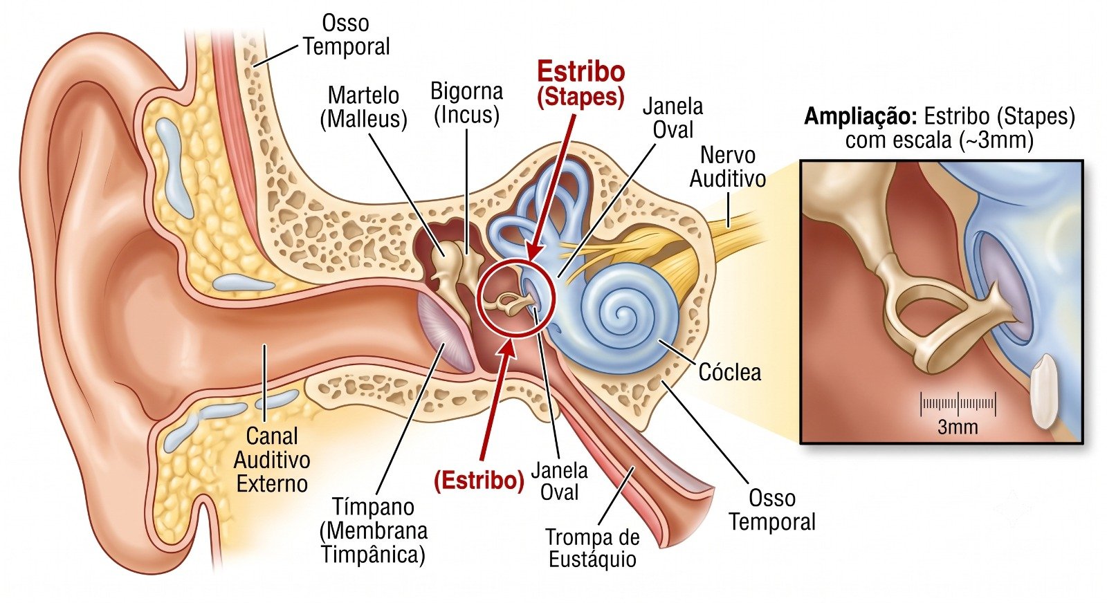 Diagrama anatômico da orelha humana destacando o ossículo Estribo (Stapes), com rótulos indicando as estruturas do ouvido externo, médio e interno, além de um quadro de ampliação mostrando o tamanho do estribo (~3mm) comparado a um grão de arroz.