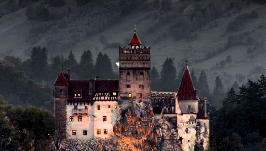 Fotografia ao crepúsculo do Castelo de Bran, na Transilvânia. A fortaleza medieval de pedra, com torres pontiagudas e telhados vermelhos, ergue-se sobre uma rocha íngreme cercada por uma densa floresta escura de pinheiros. Diversas janelas do castelo emitem uma luz amarela aquecida sob um céu sombrio e nebuloso.