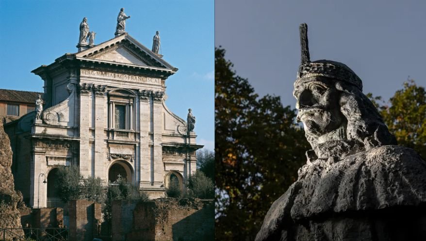 O Drácula da Vida Real: A História de Vlad Imagem dividida ao meio. À esquerda, a fachada de uma igreja de arquitetura clássica em pedra sob céu azul, com colunas, arcos e estátuas de santos no topo. À direita, o perfil em contraluz de uma estátua de pedra de Vlad III (Vlad, o Empalador), destacando seu rosto com bigode e o tradicional chapéu medieval decorado.