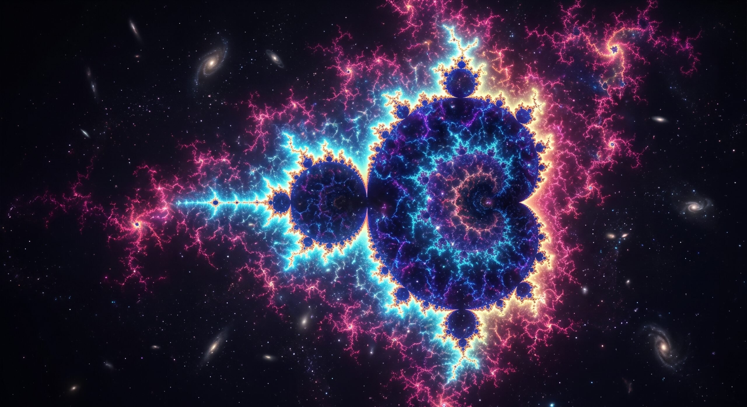 fractal: Uma renderização impressionante e detalhada do clássico Conjunto de Mandelbrot, um fractal matemático, flutuando como uma entidade de energia colossal no espaço profundo. O fractal principal é o ponto focal central, exibindo sua forma característica de "bumbum de bebê" com um núcleo profundo de azul-petróleo e turquesa intrincado e orgânico. Ele é cercado por uma borda luminosa e brilhante de azul-petróleo, que se estende em uma teia densa e intrincada de filamentos dendríticos e ramificações de cor rosa choque e magenta vibrante, com detalhes dourados e amarelos sutis. Esses filamentos rosa se espalham para fora, replicando a forma do fractal central em escalas cada vez menores e mais finas, criando um padrão de autossemelhança. O fractal parece estar embutido em um vasto campo cósmico escuro, repleto de estrelas e várias galáxias espirais distintas e detalhadas de diferentes tamanhos espalhadas ao fundo. As estrelas são pontos de luz brancos e fracos, enquanto as galáxias são formas elípticas e espirais claramente visíveis. A imagem captura a fusão da complexidade matemática com a beleza celestial.