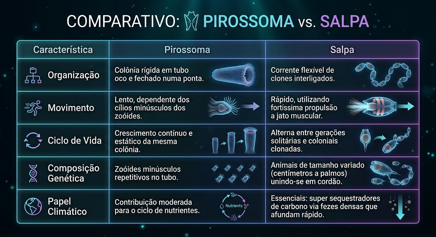 Um infográfico comparativo em tabela detalhando as diferenças biológicas e ecológicas entre pirossomas e salpas. A tabela apresenta cinco linhas de características e duas colunas para os organismos, com texto em português e ilustrações biológicas brilhantes sobre um fundo de oceano profundo escuro.