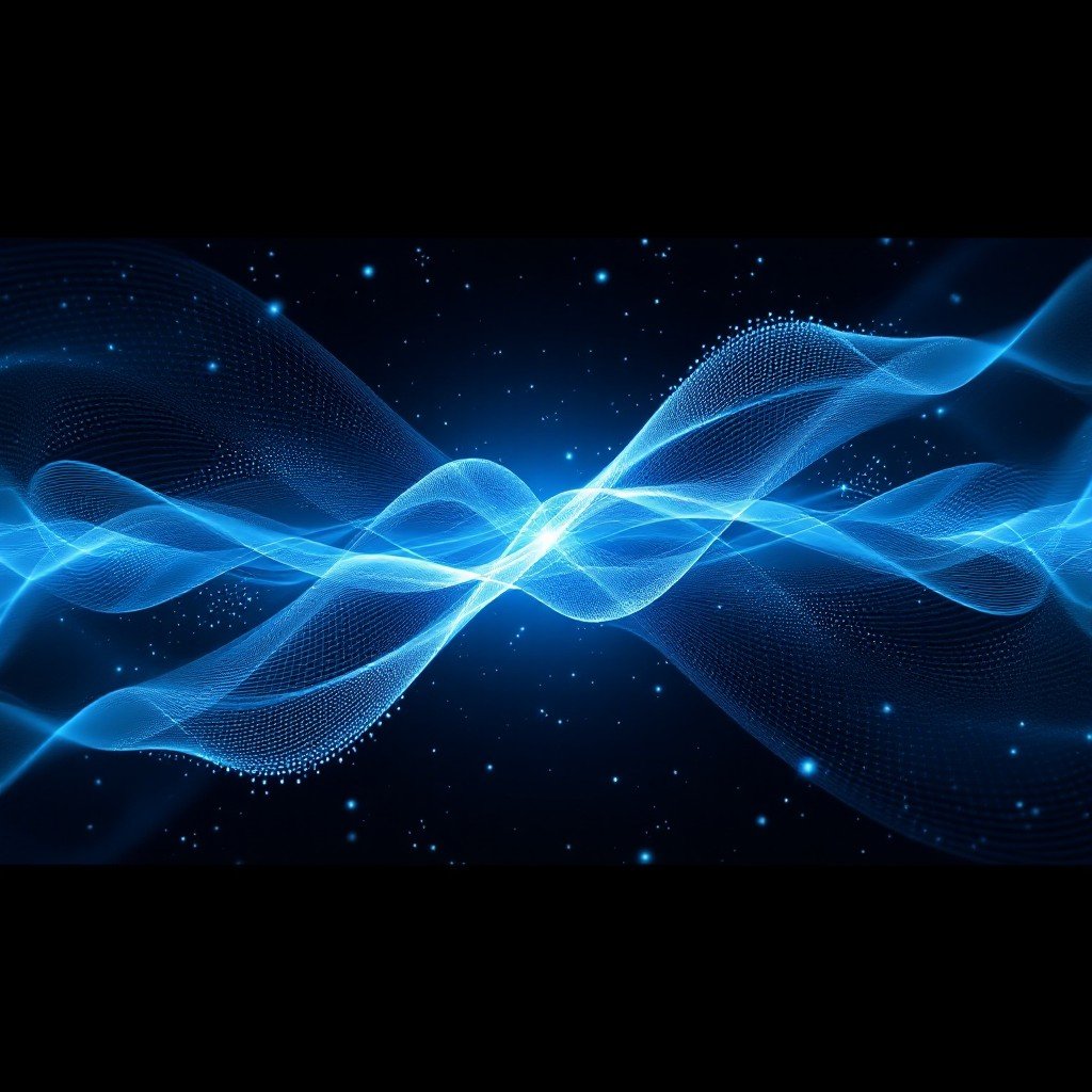 Linhas curvas e fluidas de energia luminosa e radiação eletromagnética em tons de azul e roxo com pontos brilhantes em suspensão. Físicos Desvendam Como Isolantes Podem Transportar Energia.