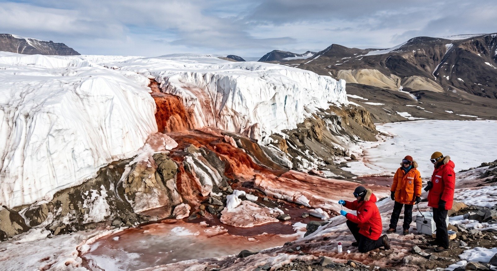 Fotografia de uma paisagem antártica com uma geleira de gelo branco da qual escorre uma queda d'água de cor vermelha-intensa sobre as rochas. No canto inferior direito, três pesquisadores vestindo casacos vermelhos para frio extremo coletam amostras da água avermelhada. Ao fundo, observam-se montanhas rochosas e o céu parcialmente nublado. O Mistério das Cataratas de Sangue: Vida Antiga Escondida Sob o Gelo da Antártica